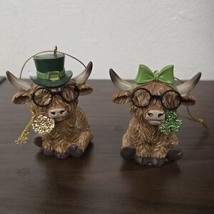 Charming Highland Cow Holiday Ornaments - Brown and Green
